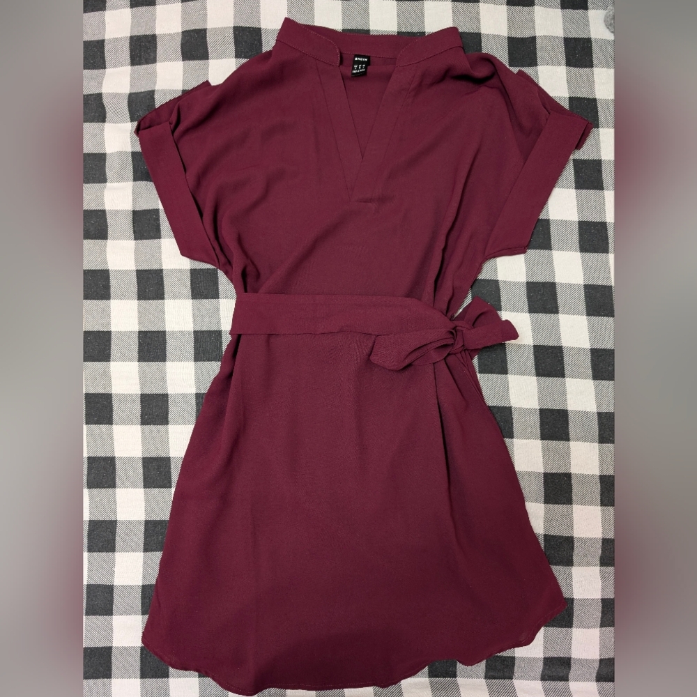 Roll Sleeve High Low Burgundy Dress